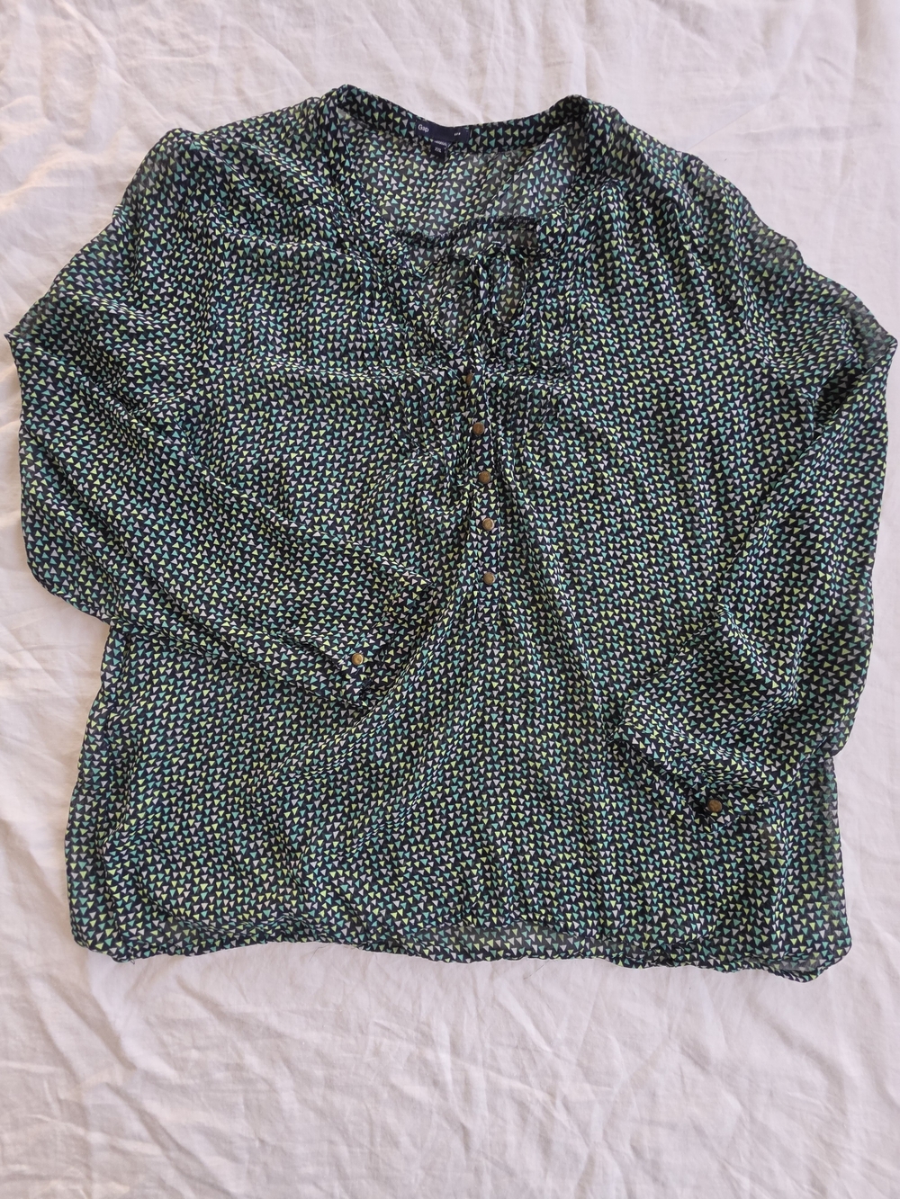 GAP Green Micro-Print Tie-Neck Blouse Size XXL